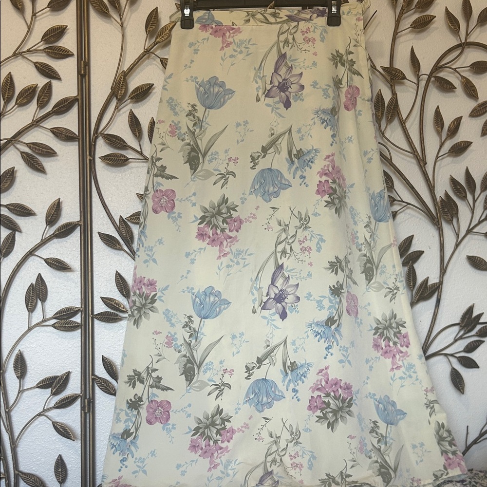 Floral A-Line Maxi Skirt - Cream with Blue, Purple & Pink Flowers